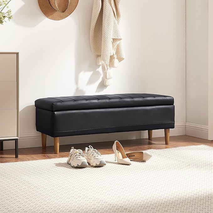 VECELO 44.5" Storage Ottoman Bench, Black Ottoman with Storage, Safety Hinge & Solid Wood Legs, Faux Leather Upholstered Ottoman with Seat for Living Room, Entryway, Holds up to 330 lb