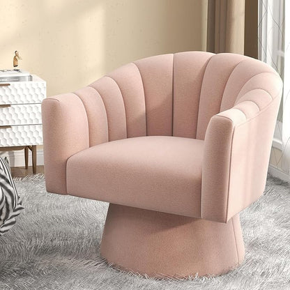 Swivel Accent Chair,Upholstered Velvet 360° Swivel Barrel Chair for Living Room Overstuffed Bouncle Reading Chair Round Armchair for Bedroom,Vanity,Office(Pink)