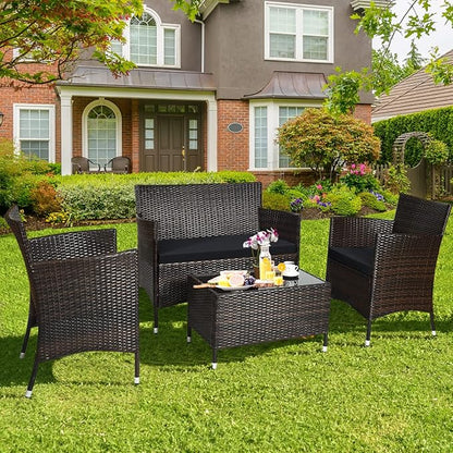COSTWAY 4PCS Rattan Patio Furniture Set, Outdoor Wicker Rattan Chairs with Coffee Table, Rattan Cushioned Conversation Set for Backyard Balcony Porch Poolside, Black