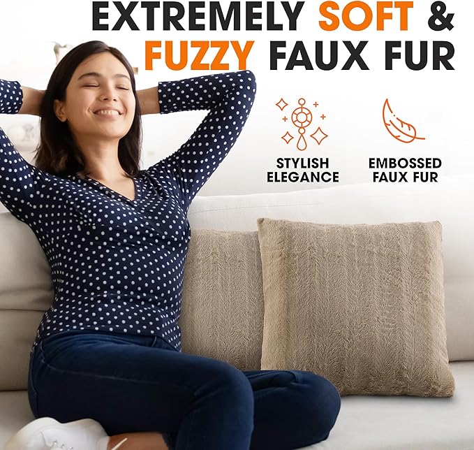Cheer Collection Faux Fur Throw Pillows - Decorative Pillows for Couch, Bed Throw Pillows, Sand Accent Pillows for Bedroom or Living Room Aesthetic, Set of 2 Furry Throw Pillows, 24" x 24"