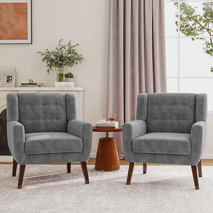 Lumibee Accent Chairs Set of 2, Velevet Fabric Armchairs for Living Room, Comfy Upholstered Arm Chairs Tufted for Indoor Bedroom Office Room (Gray Velvet)