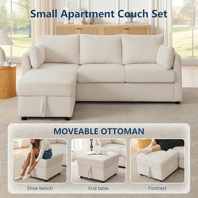 79" Small Couches with Storage Ottoman 3 Seat L Shaped Couch Sectional Sofa with Chaise Lounge for Apartment,Dorm,Bonus Room,Compact Spaces. (Beige, 3+OTT)