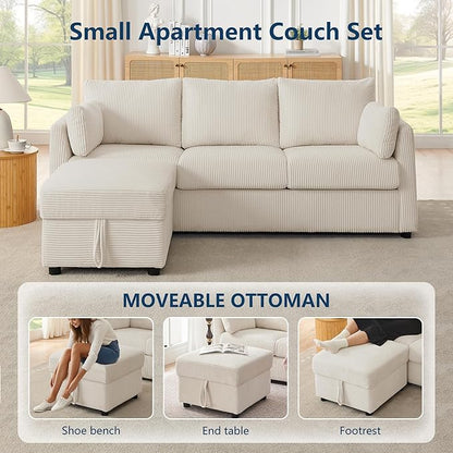 79" Small Couches with Storage Ottoman 3 Seat L Shaped Couch Sectional Sofa with Chaise Lounge for Apartment,Dorm,Bonus Room,Compact Spaces. (Beige, 3+OTT)