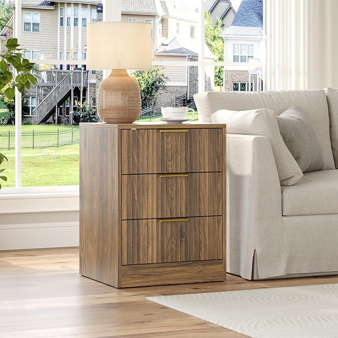 3-Piece Modern Bedroom Furniture Set, Wide 8-Drawer Dresser & 3-Drawer Nightstands Set of 2, Natural Wood Dresser and Nightstand Sets for Bedroom, Hallway, Walnut
