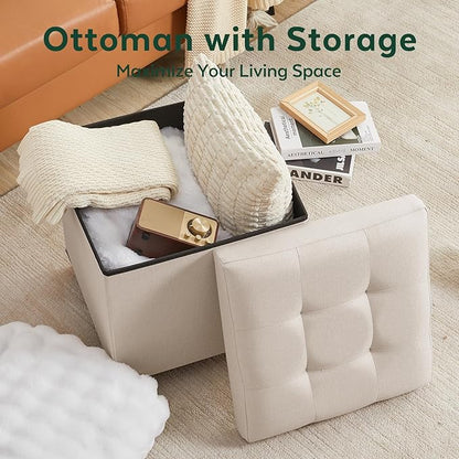 17.7" Ottoman with Storage, Square Storage Ottoman for Dorm, Linen Ottomans with Legs for Living Room, Bedroom, Beige