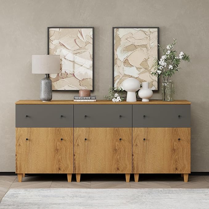 WAMPAT Set of 3 Storage Cabinets for Living Room, Modern Wood Accent Cabinets Sideboard with Drawers, Doors, and Adjustable Shelves for Dining Room, Kitchen, Entryway, Oak Brown & Dark Grey