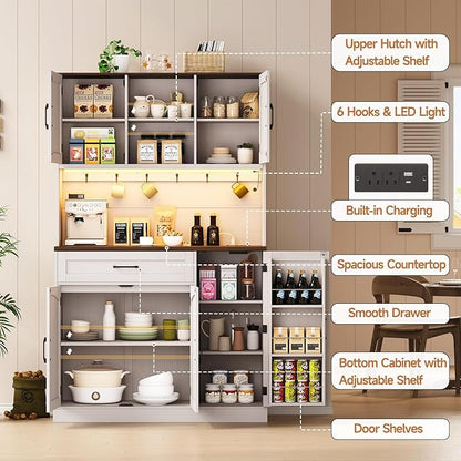 ONBRILL 71" Pantry Cabinet, Kitchen Pantry Storage Cabinet with LED Light & Outlet, Kitchen Hutch with Microwave Shelf & 6 Hook, Door Shelf & Drawer & Adjustable Shelf, Dining Room, Off White+Walnut