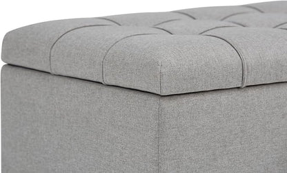 SIMPLIHOME Sienna Storage Ottoman Bench - 33 inch Wide Upholstered Linen Look Fabric Rectangle Storage Ottoman Bench in Fawn Brown, Transitional Tufted Ottoman for Living Room with Lift Top