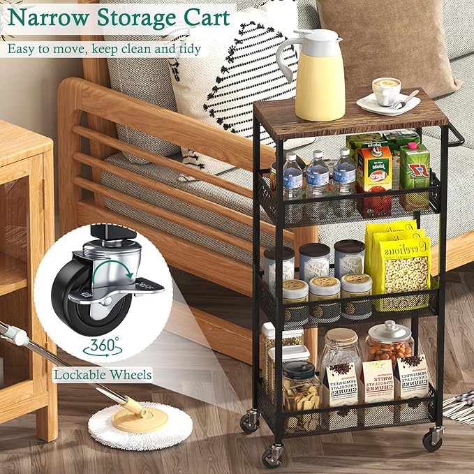 Slim Storage Cart 4 Tier Fruit and Vegetable Baskets for Kitchen Small Space, Narrow Laundry Cart on Wheels with Wooden Top and Metal Handle for Pantry, Bathroom, Laundry Room