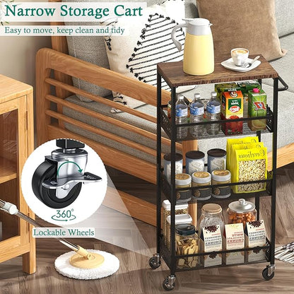 Slim Storage Cart 4 Tier Fruit and Vegetable Baskets for Kitchen Small Space, Narrow Laundry Cart on Wheels with Wooden Top and Metal Handle for Pantry, Bathroom, Laundry Room