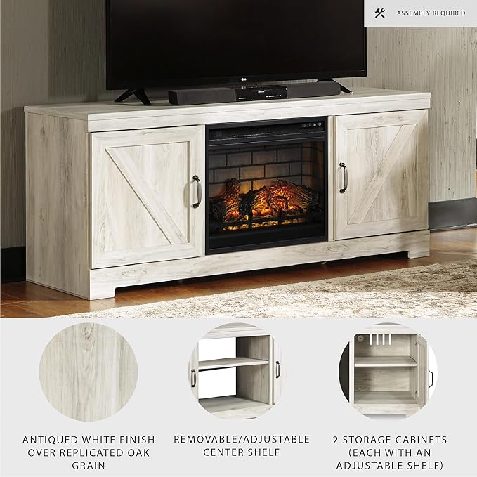 Signature Design by Ashley Bellaby Farmhouse 63" TV Stand with Electric Fireplace for TVs up to 72", Whitewash
