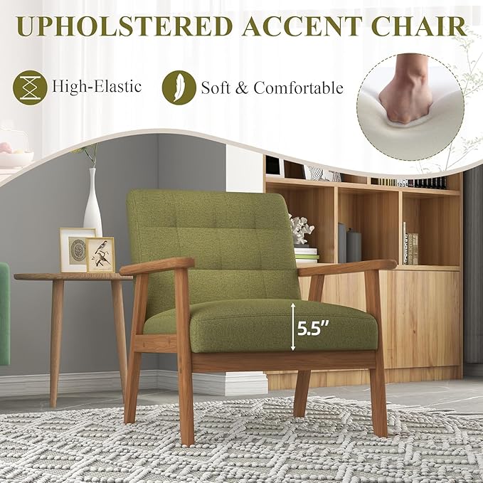 Westice Accent Chairs Set of 2, Mid-Century Living Room Chairs with Solid Wood Frame & Soft Thicken Cushion, Upholstered Arm Reading Chair for Bedroom, Balcony, Green Linen Fabric & Natural Legs