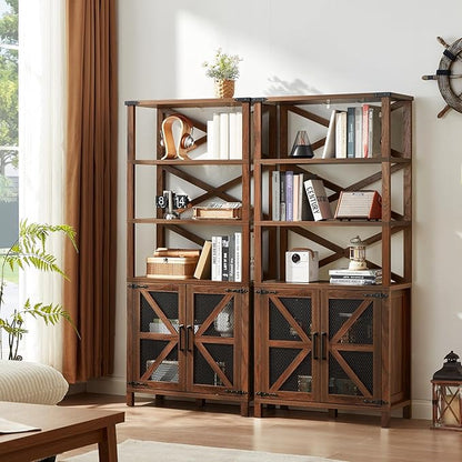 5 Tier Bookshelf 70" Tall Bookcase with Barn Doors,Large Farmhouse Display Book Shelf with Adjustable Shelves and Storage Cabinet，Library Wood Bookshelves for Living Room,Kitchen,Brown(3PCS)