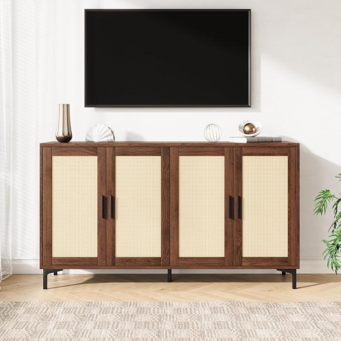 JASIWAY Sideboard - Kitchen Buffet Cabinet with Rattan Decorated Doors, Accent Sideboard Cabinet with Doors, Coffee Bar Cabinets Rattan Buffet Cabinets with Storage