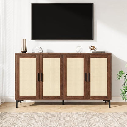 JASIWAY Sideboard - Kitchen Buffet Cabinet with Rattan Decorated Doors, Accent Sideboard Cabinet with Doors, Coffee Bar Cabinets Rattan Buffet Cabinets with Storage