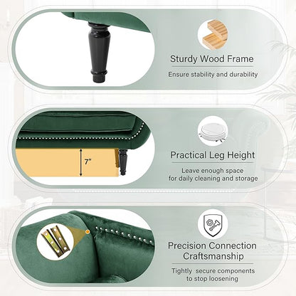 Christopher Knight Home Aurora Velvet Chaise Lounge Indoor with 2 Bolster Pillows, Upholstery Entryway Bench with Nailhead Trim & Curved Arms, End of Bed Bench Ottoman and Wooden Legs, Green