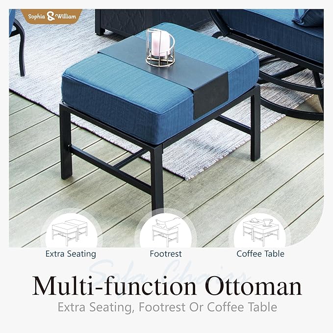 Sophia & William Patio Furniture Sets 6 Pcs Outdoor Conversation Set for 7,2 x Cushioned Swivel Sofa Chairs,1 x 3-Seat Sofa,2 Ottomans, Marbling Metal Coffee Table Backyard Poolside Peacock Blue