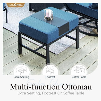 Sophia & William Patio Furniture Sets 6 Pcs Outdoor Conversation Set for 7,2 x Cushioned Swivel Sofa Chairs,1 x 3-Seat Sofa,2 Ottomans, Marbling Metal Coffee Table Backyard Poolside Peacock Blue