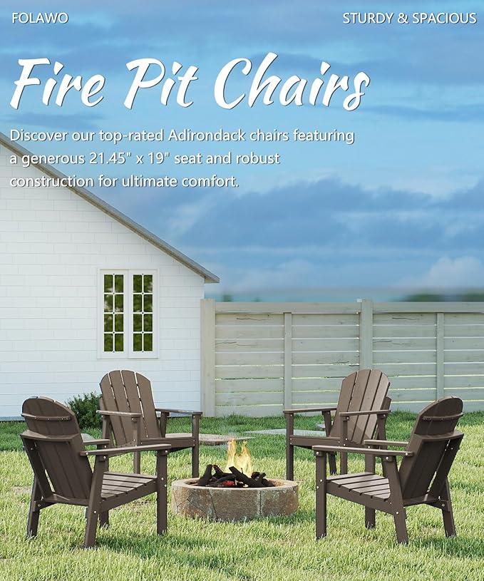 Adirondack Chair Set of 4, All Weather HDPE Fire Pit Chairs, Oversized Plastic Adirondack Chair for Outdoor, Balcony, Deck, Backyard, Patio, Garden, Poolside, Lawn Brown