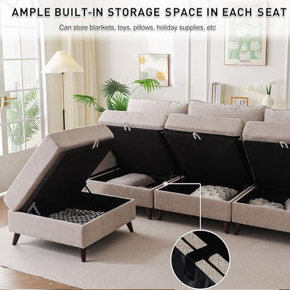 135'' Modular Sectional Sofa with All Seats Storage, Oversized L Shaped Couch for Living Room,4-Seater Comfy Cloud Couches with Movable Ottoman,Big Sectional for Bedroom,Velet,Khaki