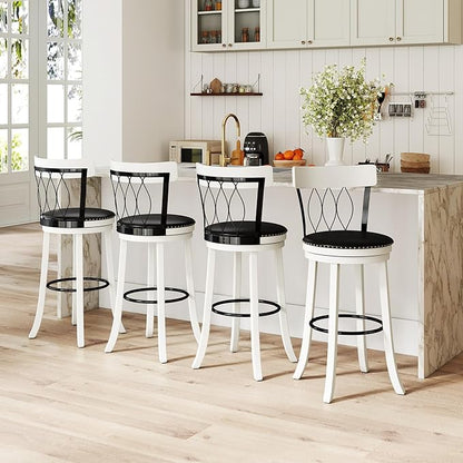 COSTWAY Bar Stools Set of 4, 30‘’ Seat Height Swivel Barstools with Ergonomic Backrest, Soft Cushion & Footrest, Rubber Wood Bar Height Bar Chairs Upholstered Dining Chairs for Kitchen Island