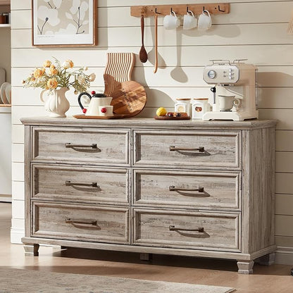 Farmhouse Bedroom Dresser and Nightstand Set of 4, 6 Drawer Tall & Low Dresser & 3 Drawer Nightstand Set with Wooden Legs, Rustic Wood Bedroom Furniture Sets for Livingroom, Hallway, Grey