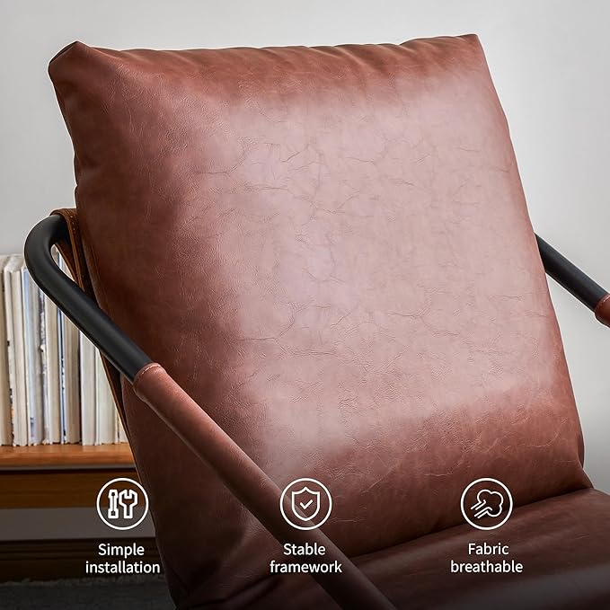 27.56-inch Wide Comfortable Living Room Armchair，Vintage-Style Lounge Chair，with deep Brown Leather Cushion and Metal Frame.