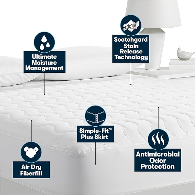 Serta Air Dry Basic Comfort Performance Fabric Quilted Mattress Pad, Cooling and Breathable Mattress Cover, Moisture Wicking Protection with 15" Deep Pocket, King, White