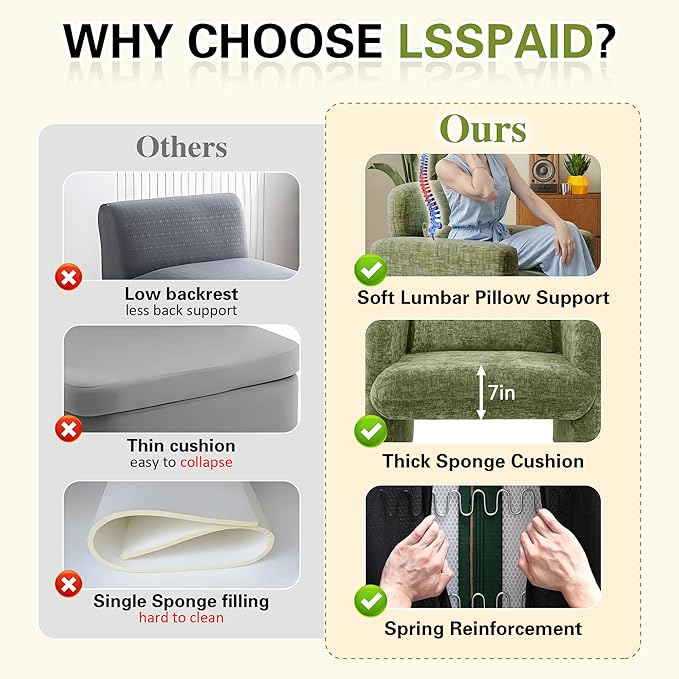 LSSPAID Modern Accent Chairs, Chenille Fabric Armchairs for Living Room, Comfy Upholstered Leisure Single Sofa Chair with Lumbar Pillow for Bedroom, Balcony, Office (Green, Set of 1)
