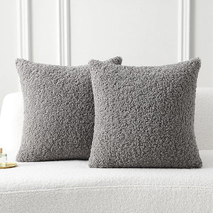 FUTEI Dark Grey Throw Pillow Covers 26x26 Inch Set of 2,Furry Faux Fur Teddy Boucle Textured Cushion Covers,Soft Fluffy Decorative Euro Pillow Shams,Home Decor for Couch Bed Living Room Office Car