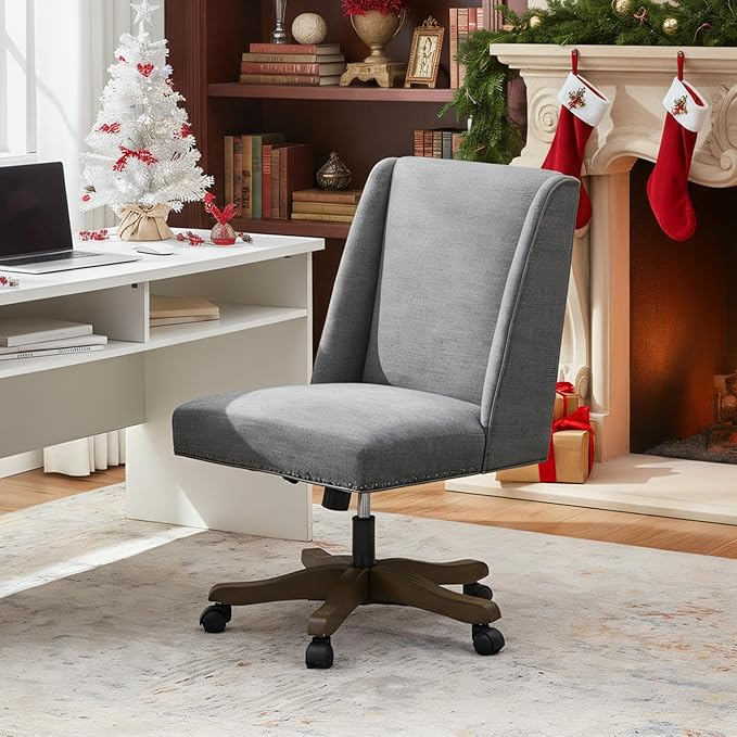 Upholstered Armless Home Office Chair with Wooden Legs, Modern Office Desk Chair No Arms Sewing Chair Adjustable Swivel Desk Chair for Farmhouse Office Study Studio (Dark Gray)