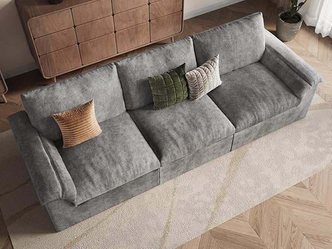 EASE MOOSE Oversized Boneless Couch for Living Room, Sectional Cloud Sofa, Modular Cloud Couch, 3-Seater Deep Seat Sofas with Pillow for Bedroom, Apartment, No Assembly Required, Chenille (Grey)
