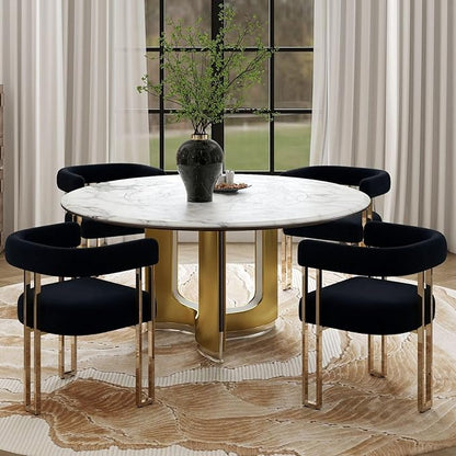 Set of 4 Black and Gold Modern Dining Chairs, Velvet Upholstered Barrel Armchairs with Metal Legs for Kitchen Island, Mid Century Accent Chairs for Dining Room Living Room, Open-Back