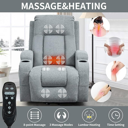 PELUMY Manual Lift Recliner Chair for Elderly with Massage & Heat, Oversized Heavy Duty 350 lbs Recliner with Cup Holders & USB Ports, Infinite Positioning Lift Chair for Adults (Linen Fabric, Grey)