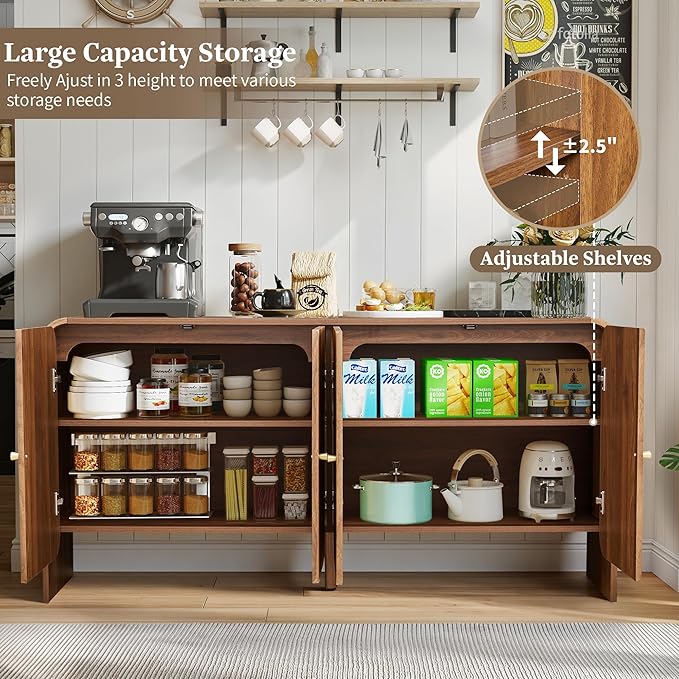 59” Large Buffets Sideboard Cabinet with Storage, Fluted Curved Credenza Buffet Table Storage Cabinet with 4 Doors, Modern Wood Accent Console Table Coffee Bar for Living Room Kitchen Hallway, Walnut