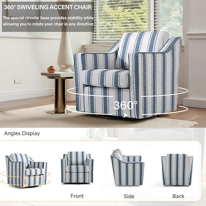UIXE Swivel Accent Chair, Stripe Fabric Upholstered Arm Chair for Living Room, Modern Club Armchair Comfy Single Sofa Bedroom Reading Seat with Lumbar Pillow - Navy Blue