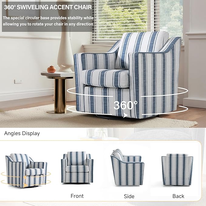 UIXE Swivel Accent Chairs Set of 2, Fabirc Upholstered Arm Chair for Living Room, Modern Club Armchair Comfy Single Sofa Bedroom Reading Seat with Lumbar Pillow - Navy Blue Stripe
