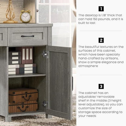 Farmhouse 67''H Executive Desk with Hutch & 5 Drawers, Rustic Office Desks Computer Desks with Charging Station, File Drawers and Storage Cabinets, Wood Workspace for Home Office & Study.(Grey)