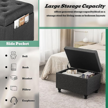 Ottoman with Storage 24'' Storage Ottomans Linen Fabric Ottoman Footstools Small Upholstered Foot Rest Stool for Couch, Living Room, Bedroom, Entrance Shoe Bench Dark Grey