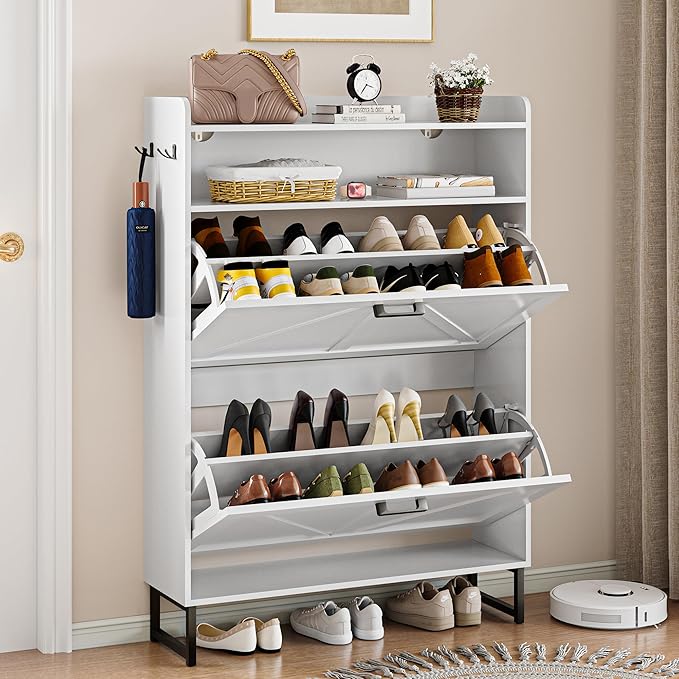 Shoe Storage Cabinet with 2 Flip Drawers, Narrow Wood Shoe Cabinet Storage for Entryway with Metal Legs & Hooks, Adjustable Shelves, Freestanding Shoe Rack Organizer for Foyer, Hallway, White