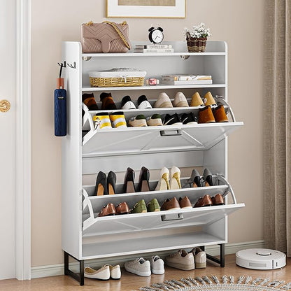 Shoe Storage Cabinet with 2 Flip Drawers, Narrow Wood Shoe Cabinet Storage for Entryway with Metal Legs & Hooks, Adjustable Shelves, Freestanding Shoe Rack Organizer for Foyer, Hallway, White