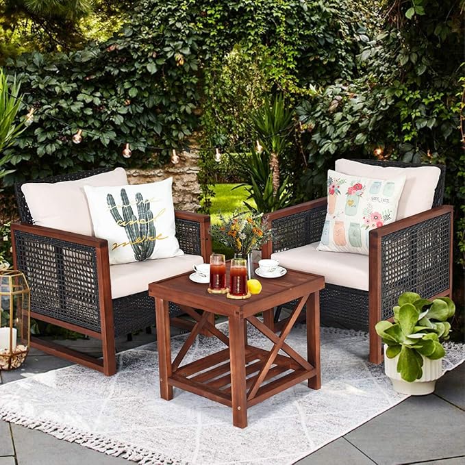 COSTWAY 3 Pieces Wicker Patio Furniture Set, Outdoor Wicker Sofa with Acacia Wood Frame, Coffee Table & Washable Cushions, Rattan Conversation Sets for Yard, Porch, Bistro, Balcony, Backyard, Beige