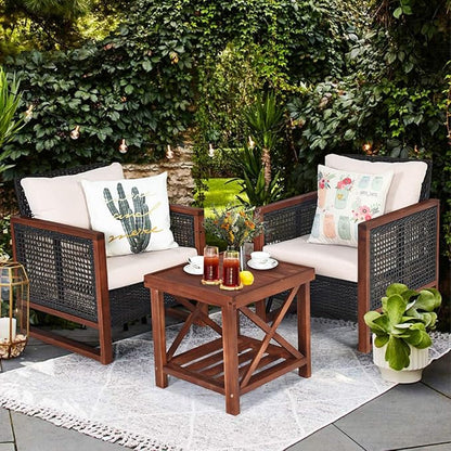 COSTWAY 3 Pieces Wicker Patio Furniture Set, Outdoor Wicker Sofa with Acacia Wood Frame, Coffee Table & Washable Cushions, Rattan Conversation Sets for Yard, Porch, Bistro, Balcony, Backyard, Beige