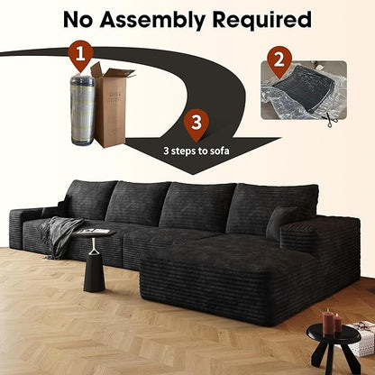 136" Sectional Couches for Living Room Modern Modular Sofa with L-Shape Couchs Upholstered Boneless Couch Deep Seat Sectional Couch with Chaise (Black, Right Facing Chaise+3Seaters)