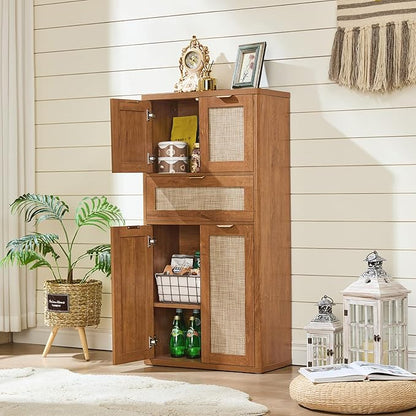 LEYAOYAO 48" Tall Storage Cabinet,Rattan Bathroom Floor Cabinets with 4 Doors & 1Drawer,Boho Kitchen Pantry with Adjustable Shelves,Wooden Cupboard for Living Room,Home Office,Dining,Brown