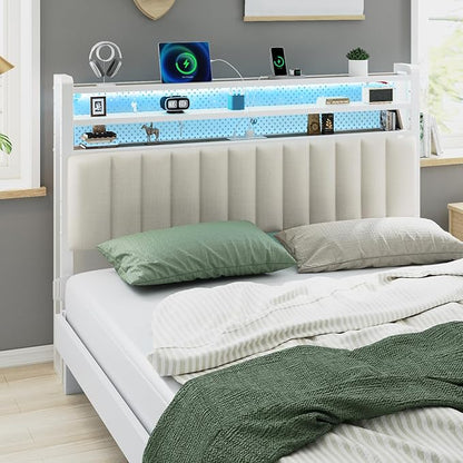 VINGLI King Size Headboard Only, Adjustable Upholstered Headboard with 3 Tier Shelves and Pegboard with Charging Stations and LED Lights, Modern Bed Headboard with Storage for Bedroom Decor