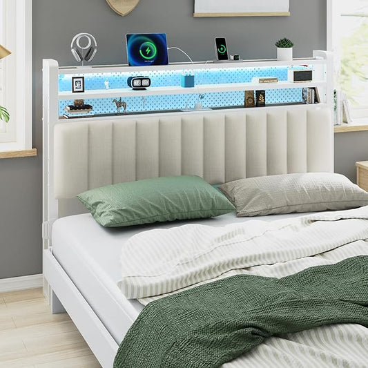 VINGLI Queen Size Headboard Only, Adjustable Upholstered Headboard with 3 Tier Shelves and Pegboard with Charging Stations and LED Lights, Modern Bed Headboard with Storage for Bedroom Decor