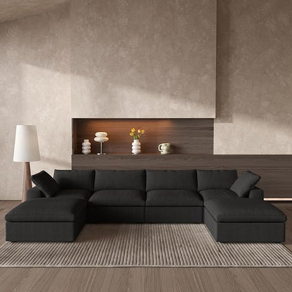 Cloud Couch Modular Sectional Sofa,160.6" Down Filled Sofa with Storage Ottoman,Modern U Shaped Couch 6 Seater, Black Convertible Sectional Sofa for Living Room,Covers Removable & Washable