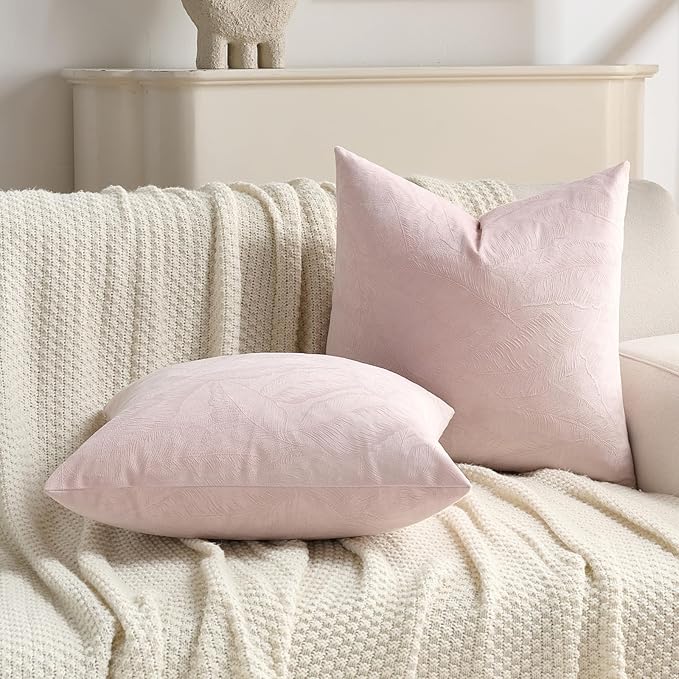 FUTEI Pink Velvet Throw Pillow Covers 12x20 Inch Set of 2,Soft Embossed Leaf-Relief Textured Lumbar Pillow Cases,Natural Home Decor for Couch Living Room
