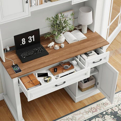 Vabches Farmhouse 47" Executive Desk with Hutch, 2 Drawers and LED Light, Computer Desk with Storage Cabinet and Charging Station,Workstation for Home Office and Study.Unique White